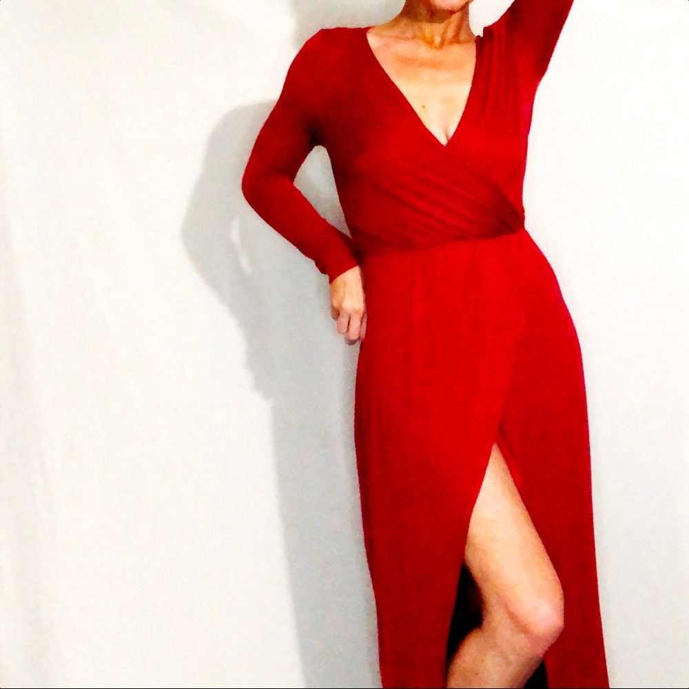 Red TOBI Wrap Maxi Dress wt High Front Slit